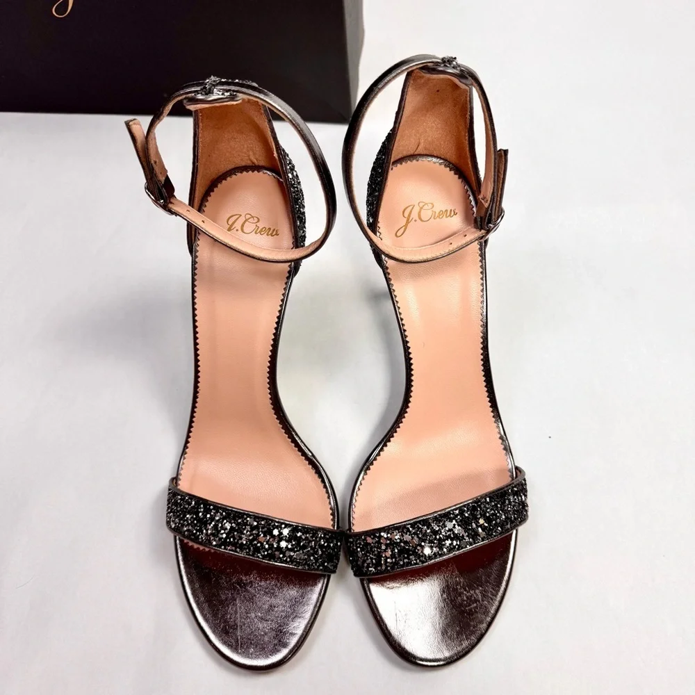 NEW - J. Crew Riley Sandal Stiletto Heels Silver Gunmetal Glitter Size 9.5 NIB
